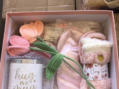 New "A Hug In A Mug" Cozy Gift Set w/ Mug, Socks, Sleep Mask, & Crochet Tulip