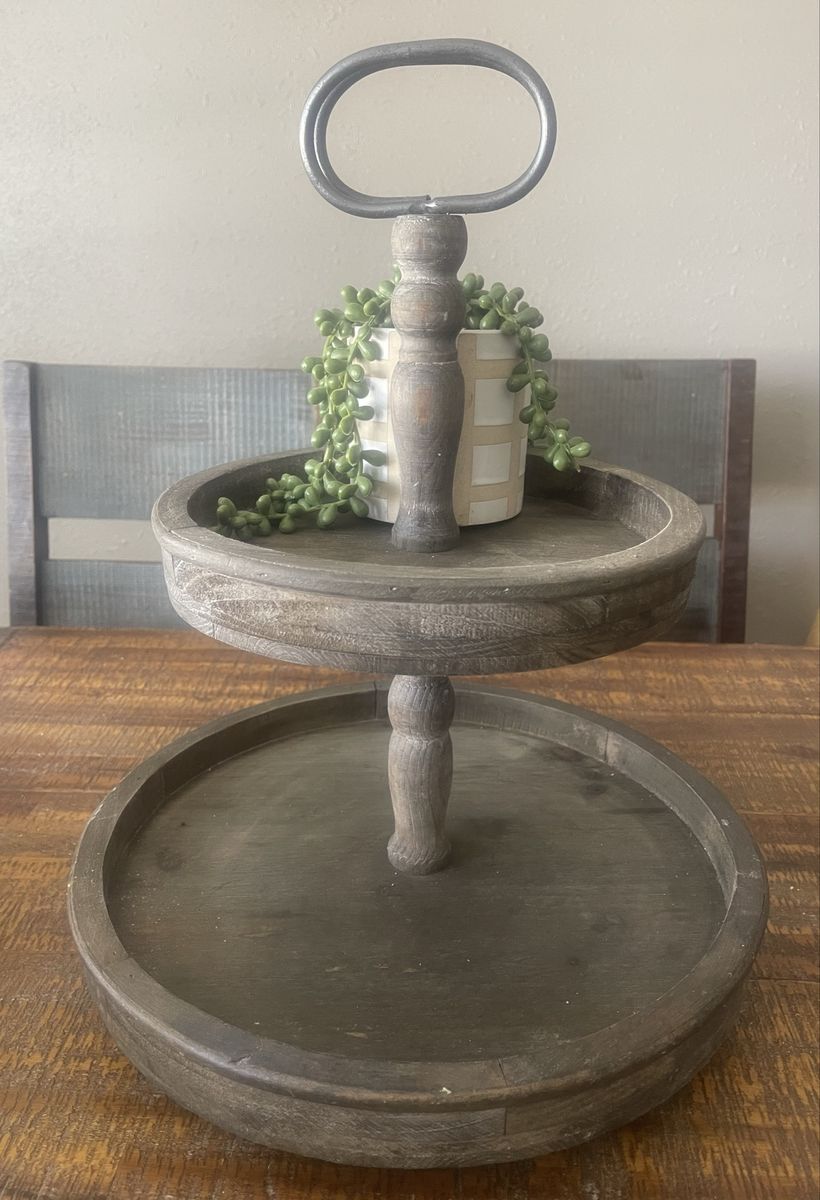 Rustic Wooden 2-Tiered Tray with Metal Loop Handle