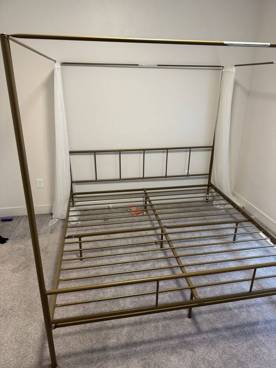Gold Canopy Metal Bed Frame, king Size, with Headboard and Slats