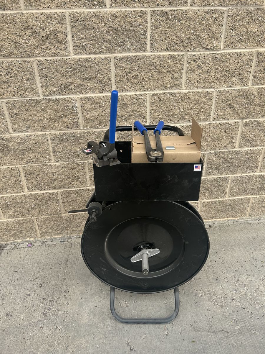 Steel Banding Cart with banding, box of banding clips, tensioner, and crimper - Like New!