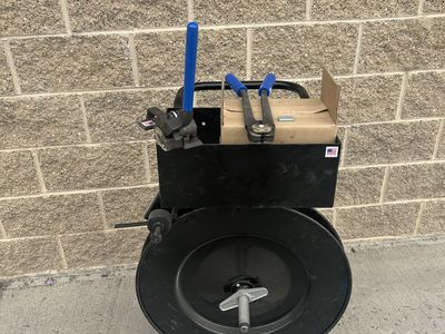 Steel Banding Cart with banding, box of banding clips, tensioner, and crimper - Like New!