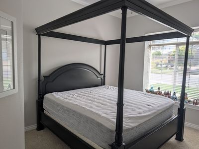 King size canopy bed, mattress and box springs