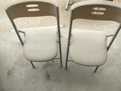Set of 2 used cosco Beige Folding Chairs with Plastic Back and Padded Seat
