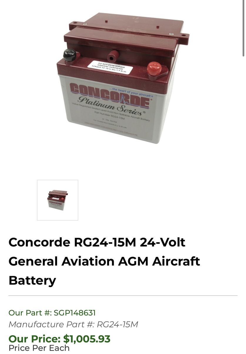 Concorde RG24-15M 24-Volt General Aviation AGM Aircraft Battery