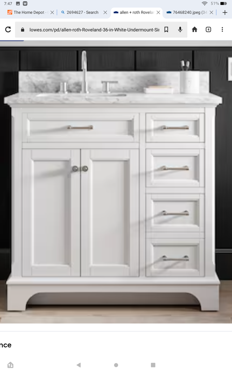 Allen+Roth 36 in White Bathroom Vanity with Marble Top. Brand New