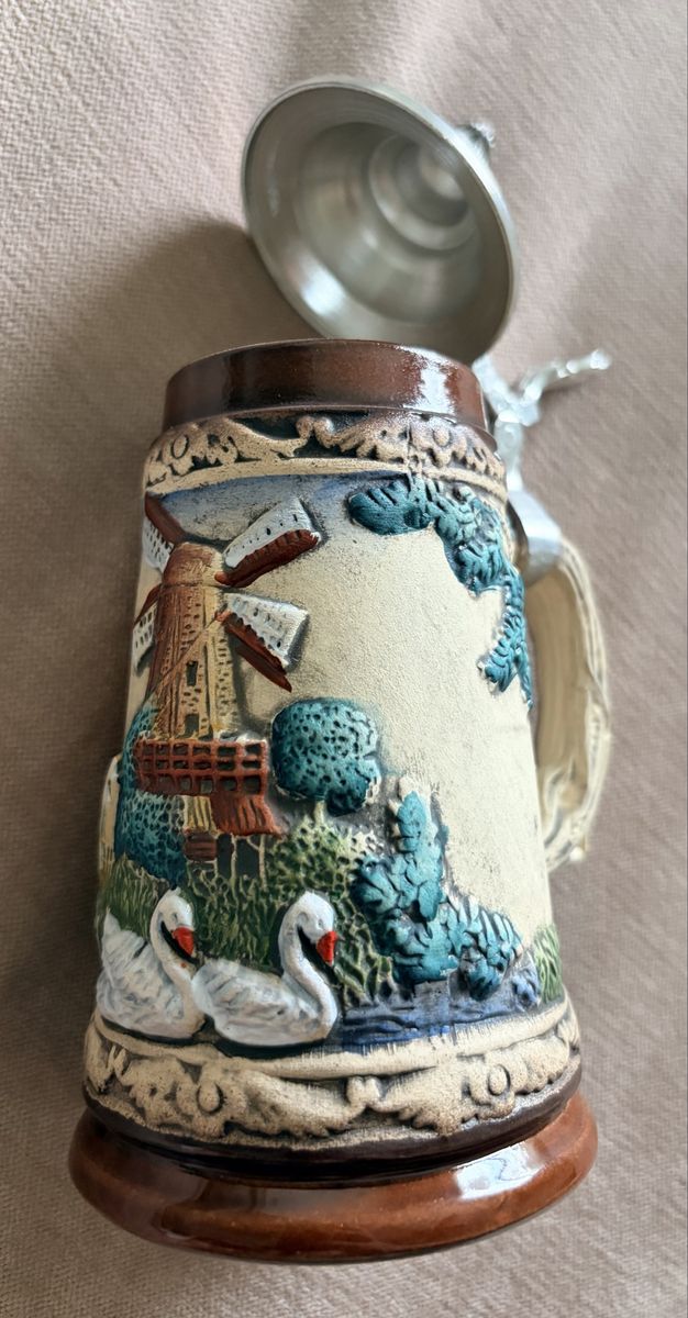 Vintage Zoller & Born Ceramic Beer Stein with Lidded Pewter Top Windmill and Swan Scene