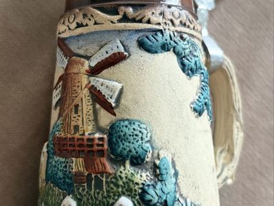 Vintage Zoller & Born Ceramic Beer Stein with Lidded Pewter Top Windmill and Swan Scene