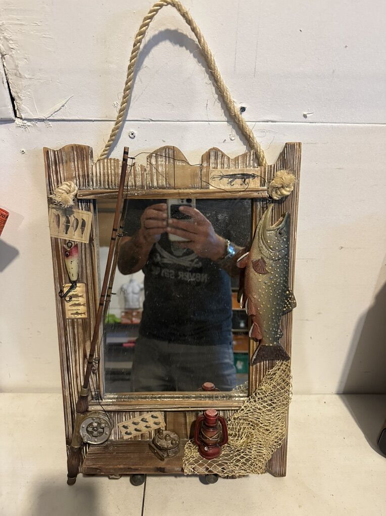 Rustic Coat Hook Rack Mirror Combo Fishing Themed