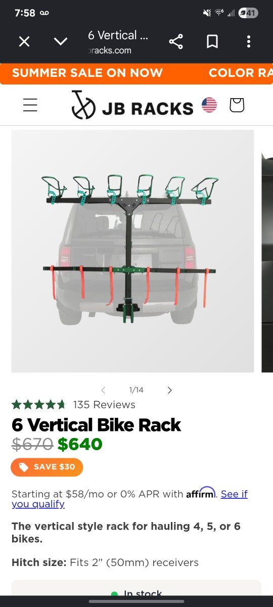 JB Racks Vertical Bike Rack - Hauls 6 Bikes, Fits 2" Hitch Receiver - already assembled