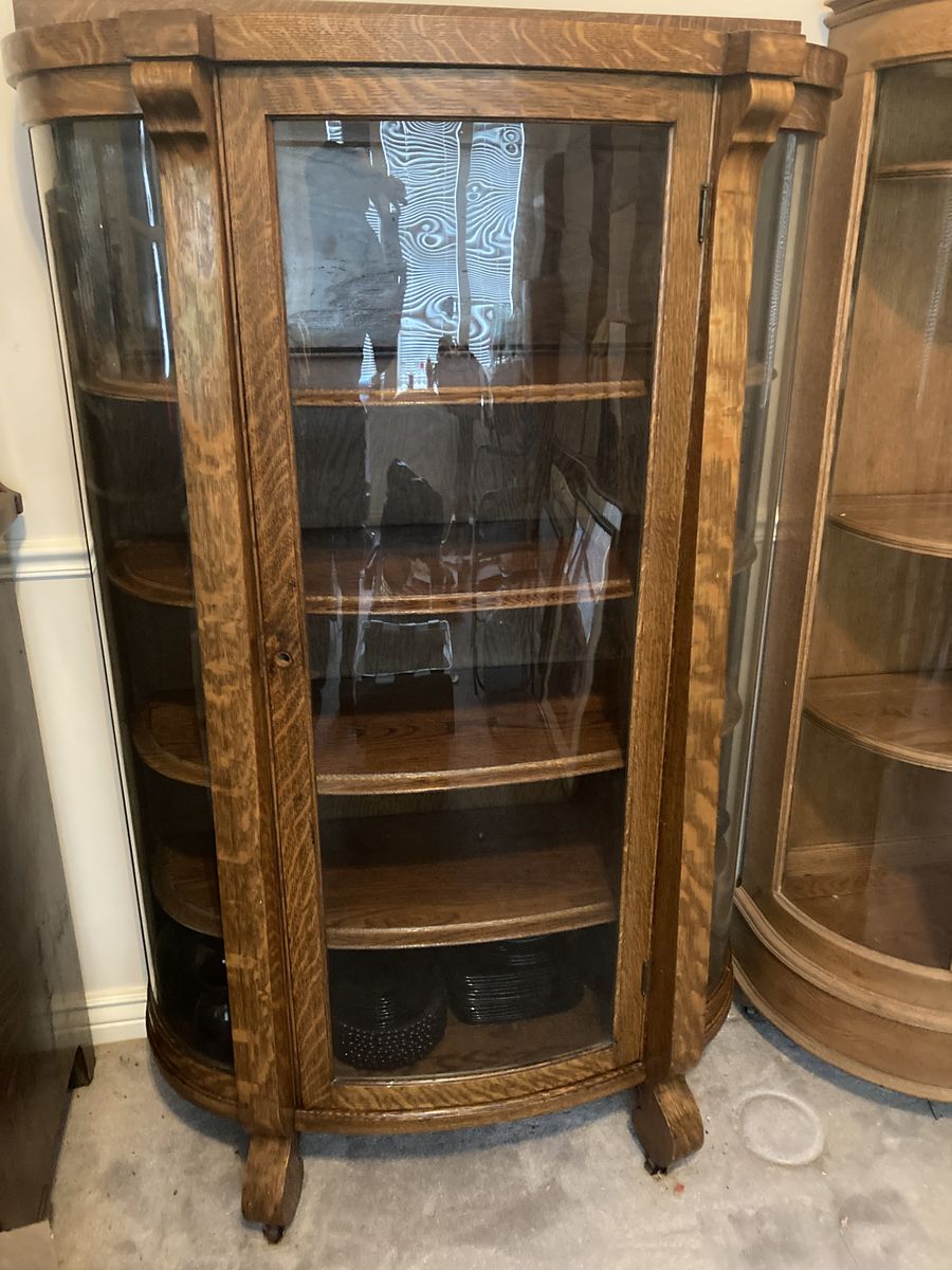 Antique Tiger Oak Bow Front Bent Glass China Curio Cabinet