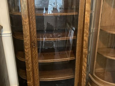 Antique Tiger Oak Bow Front Bent Glass China Curio Cabinet