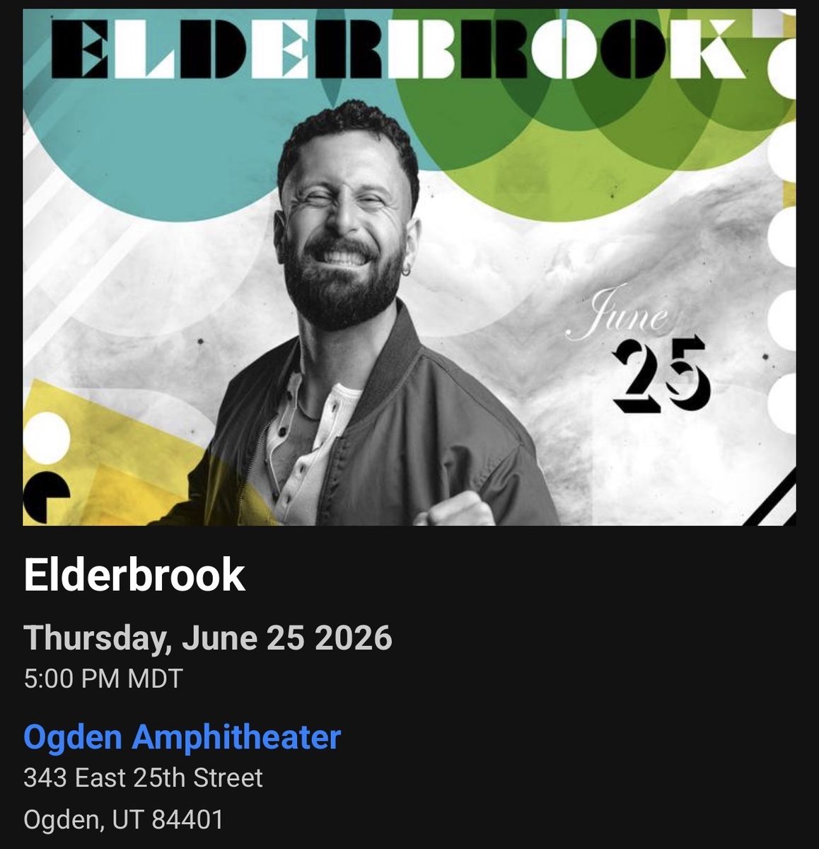 Elderbrook Concert Ticket - June 25, 2026 - Ogden Amphitheater - General Admission (1 of 3 Available)