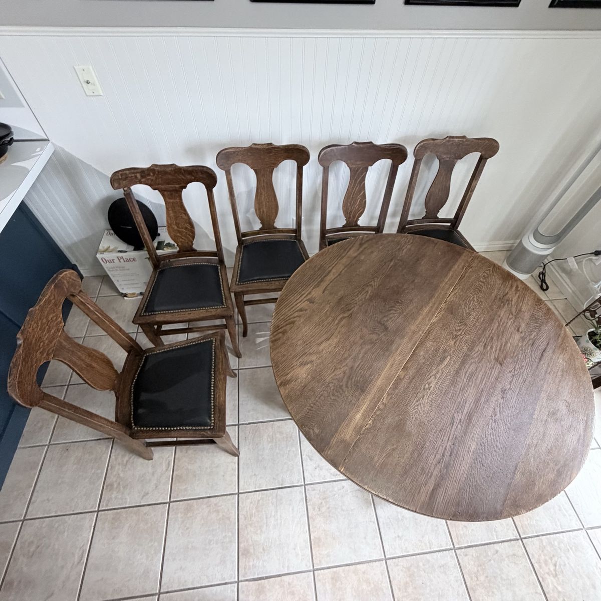 Vintage Dining Table with 5 Chairs - Dark Wood, Black Leather Seats