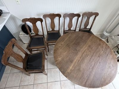 Vintage Dining Table with 5 Chairs - Dark Wood, Black Leather Seats