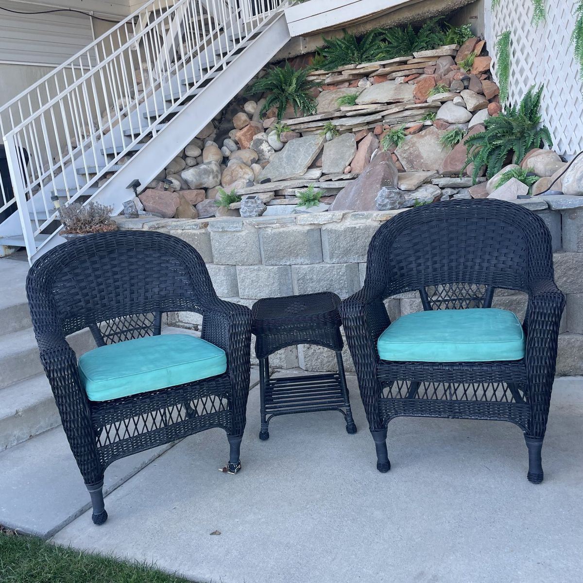 outdoor faux wicker chairs w/ tables