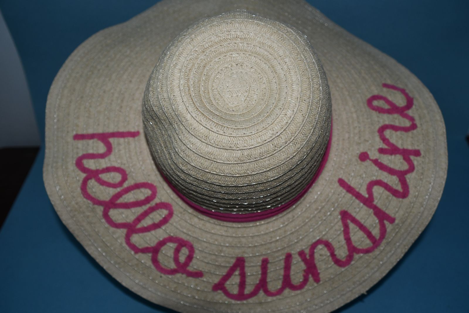 "HELLO SUNSHINE" SUN HAT ~ PINK WRITING & BAND ~ BRIM LENGTH 4.5" ~ ONE SIZE ~ CUTE & CLEAN ~ $5