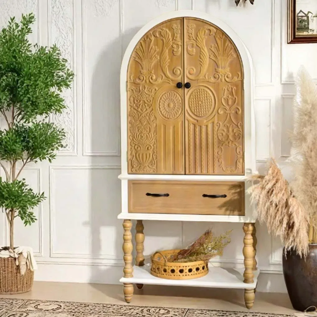 Vintage Carved Chinese Fir 3 Shelf with Drawer White Storage Bookcase by Joy Reading