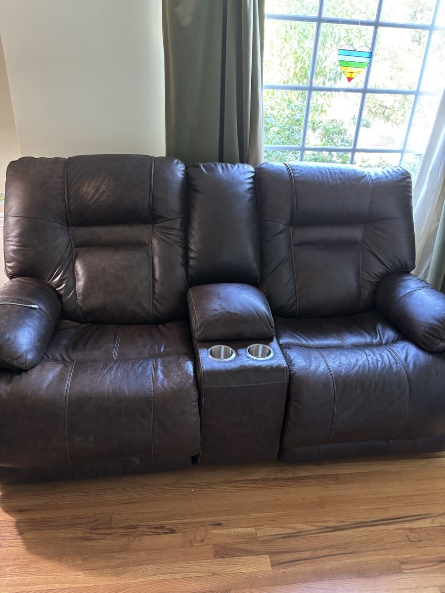 Brown Faux Leather Reclining Loveseat with Center Console and Cup Holders
