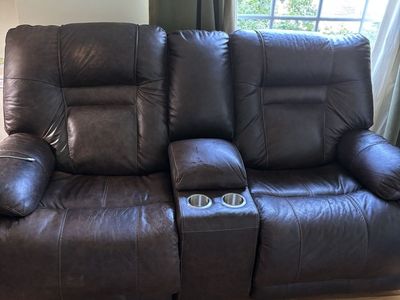 Brown Faux Leather Reclining Loveseat with Center Console and Cup Holders