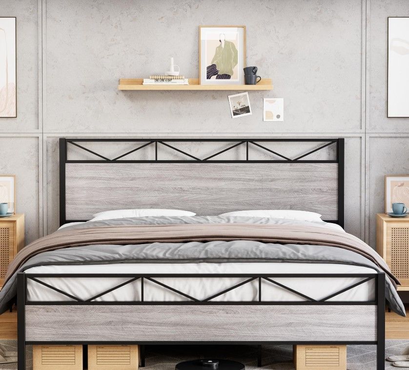 Matte Black with Light Grey Rustic Wood King Size Bed Frame