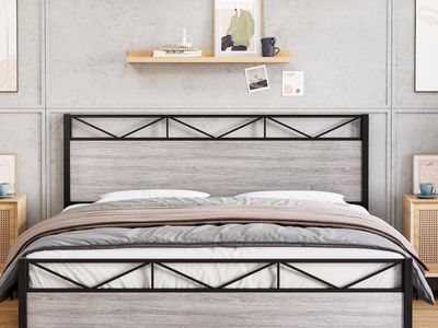 Matte Black with Light Grey Rustic Wood King Size Bed Frame