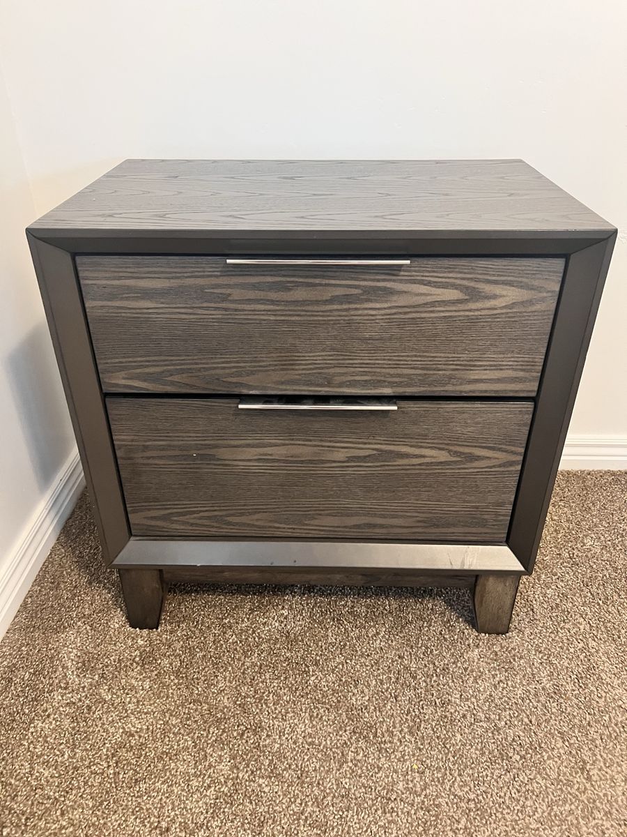 Modern Dark Gray Wood 2-Drawer Nightstand with Silver Handles