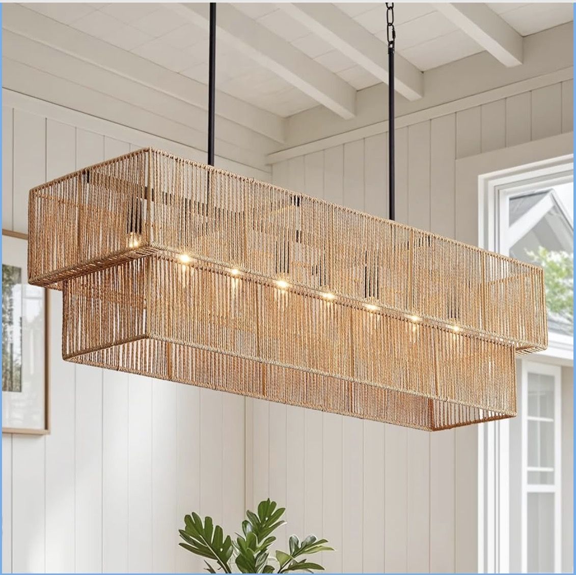 40" Rattan Chandelier for Dining Room, 8-Light Boho Rectangular 2 Layer Fatmhouse Chandelier