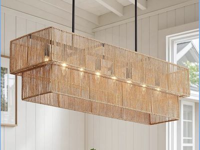 40" Rattan Chandelier for Dining Room, 8-Light Boho Rectangular 2 Layer Fatmhouse Chandelier