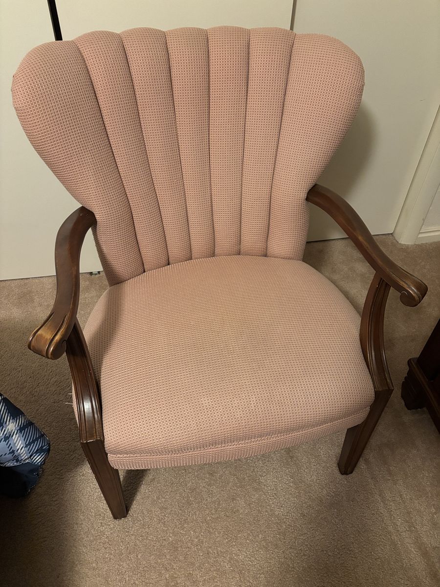 Vintage Pink Scalloped Upholstered Back Accent Chair with Wood Frame