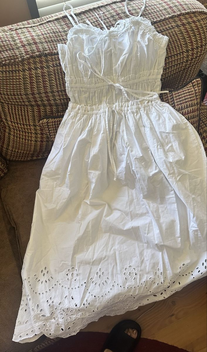 White Eyelet Embroidered Cami Midi Dress Smocked Waist XS Cotton Summer Beach Vacation