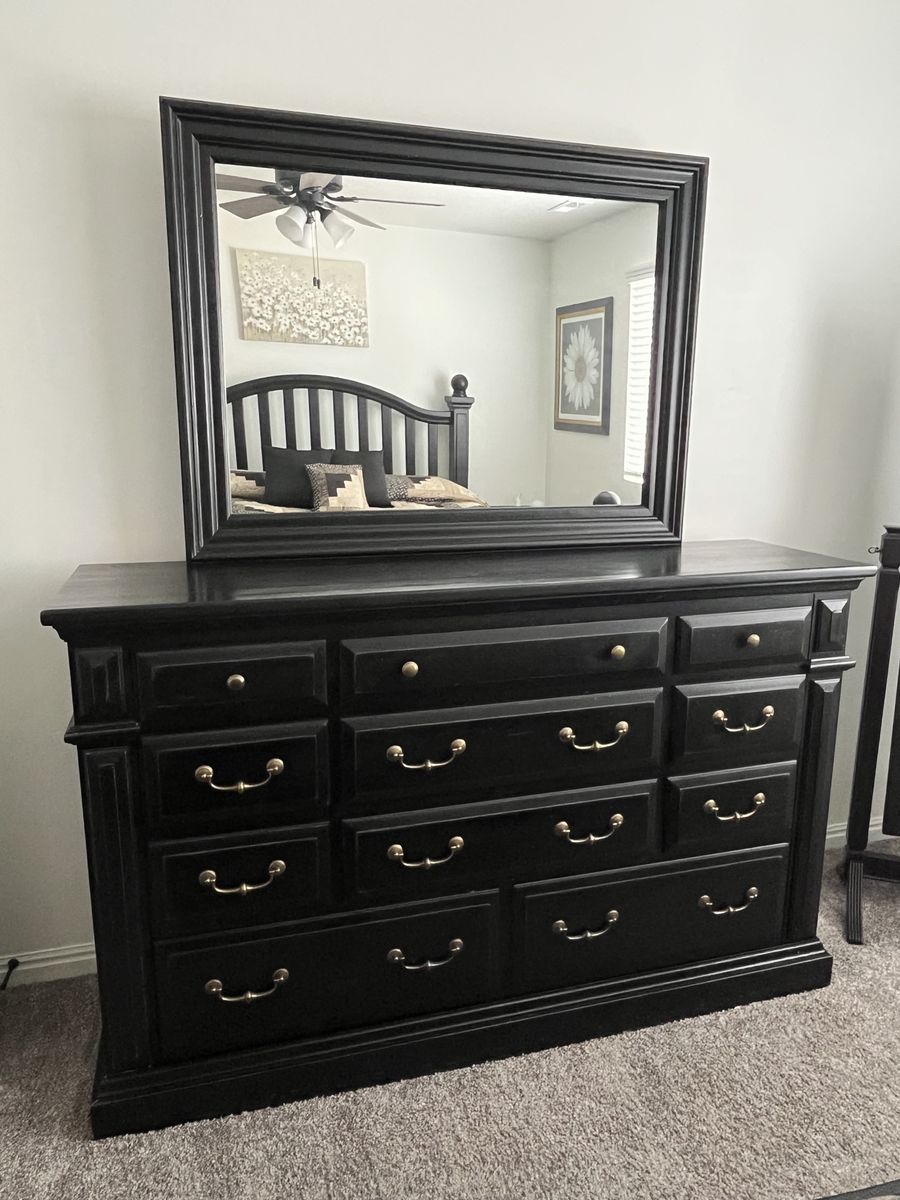 Black Wooden Dresser with Matching Large Mirror