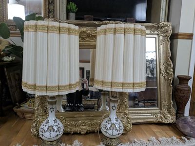 Loevsky & Loevsky matching pair of Brass rass and Glass Antique Floral Lamps