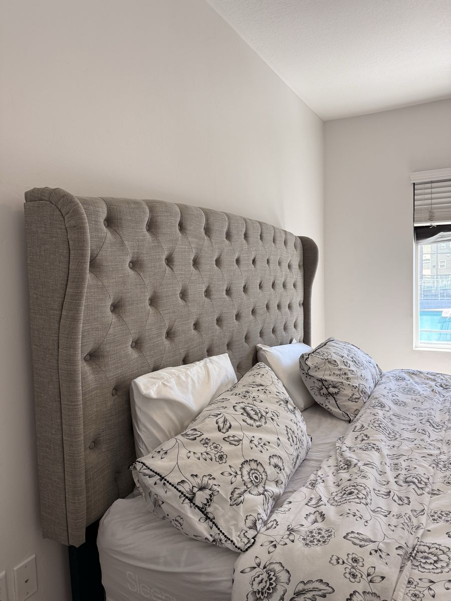Ashley King Size Bed Frame - Gray Tufted Wingback Upholstered with Box Spring, Excellent Condition