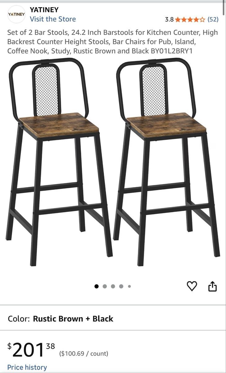 YATINEY 24.2" Rustic Brown & Black Barstools Set (2) for Counter/Island w/ High Backrest