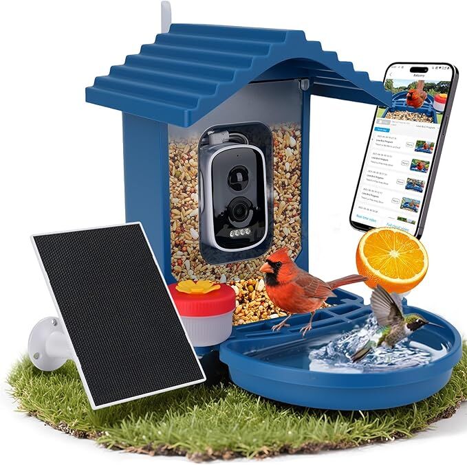 Bird Feeder with 2.5K Camera - Solar Powered - Live View - Smart AI Bird Identification - (Blue)