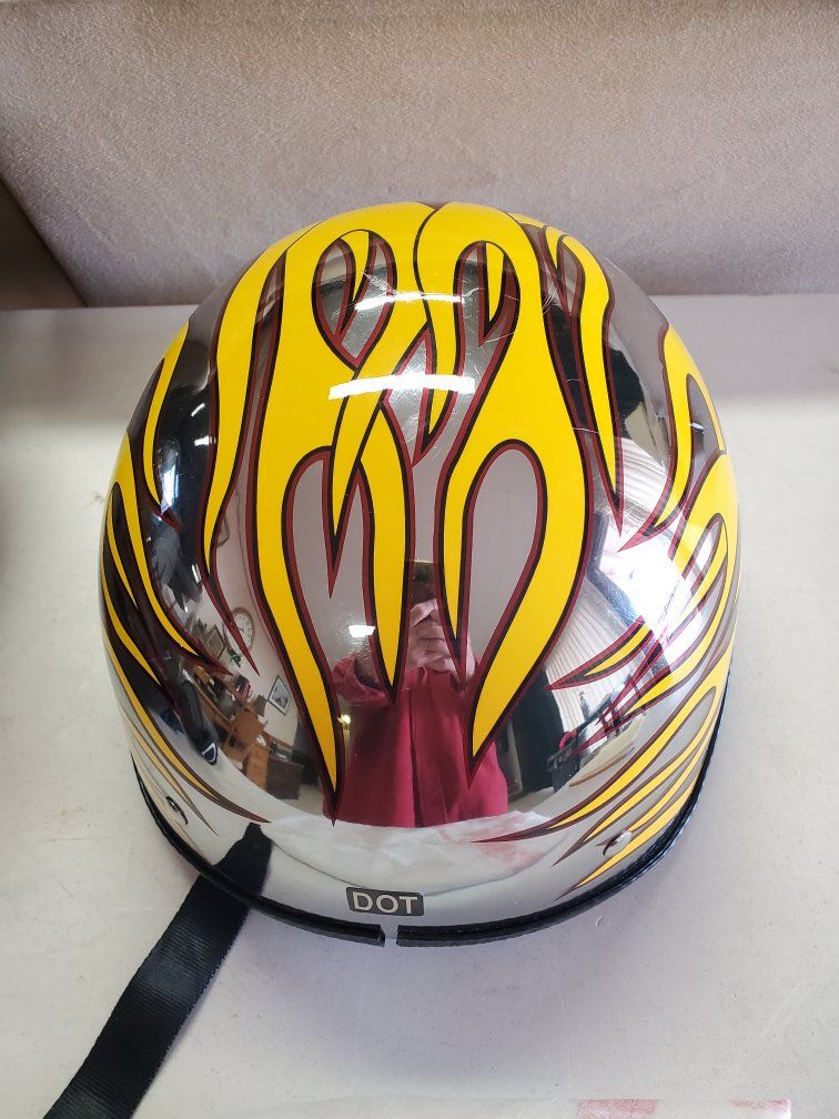 XXL Chrome Yellow Flame Half Helmet DOT Certified Motorcycle Riding Helmet with storage bag.