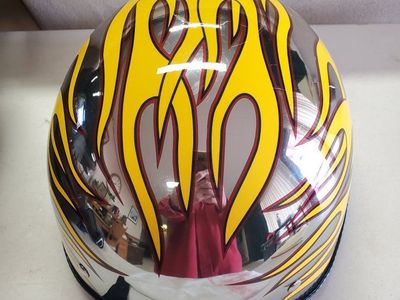 XXL Chrome Yellow Flame Half Helmet DOT Certified Motorcycle Riding Helmet with storage bag.