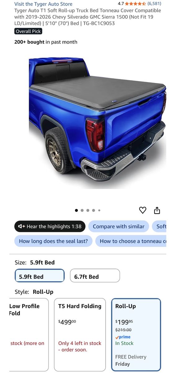 Soft Roll-up Truck Bed Tonneau Cover Compatible with 2019-2026 Chevy Silverado GMC Sierra 1500
