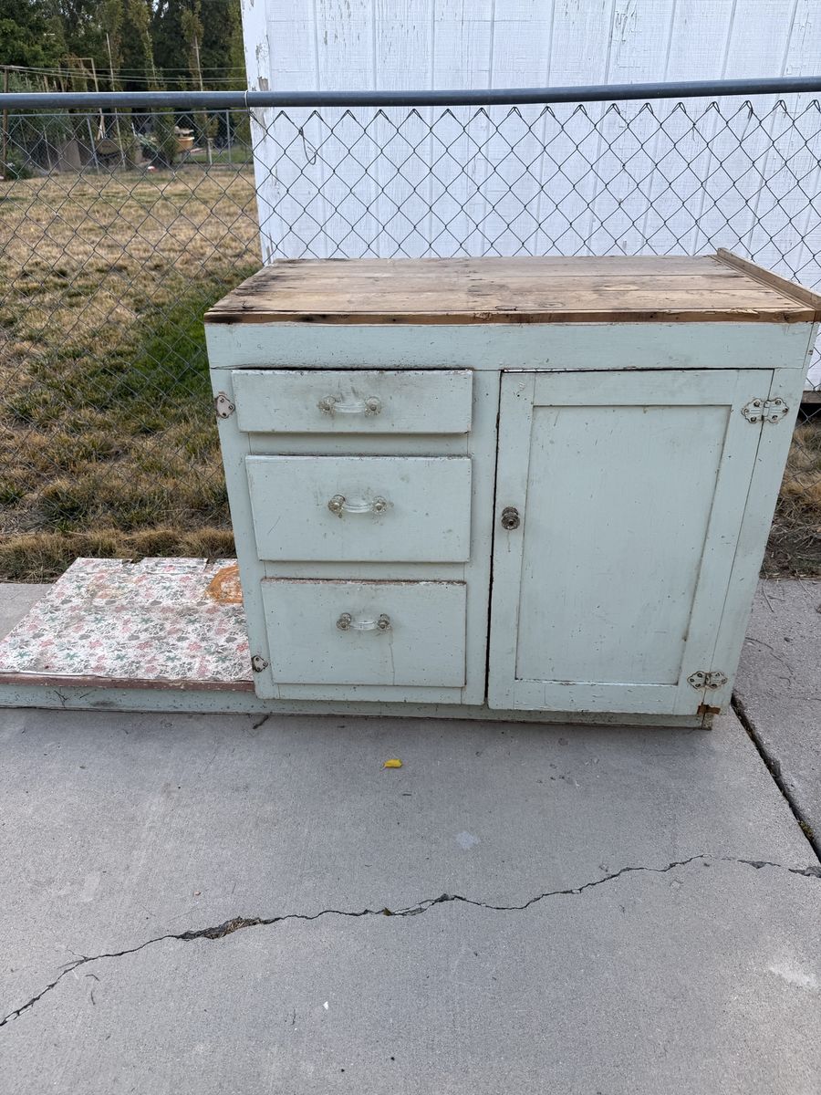 Vintage Wooden Kitchen Cabinet with Drawers and Open Shelf