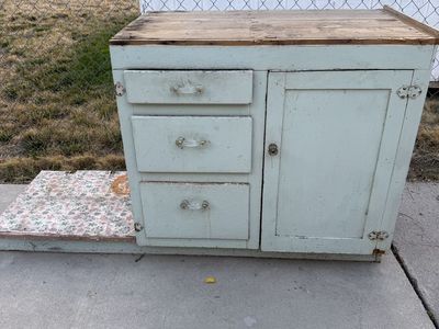 Vintage Wooden Kitchen Cabinet with Drawers and Open Shelf