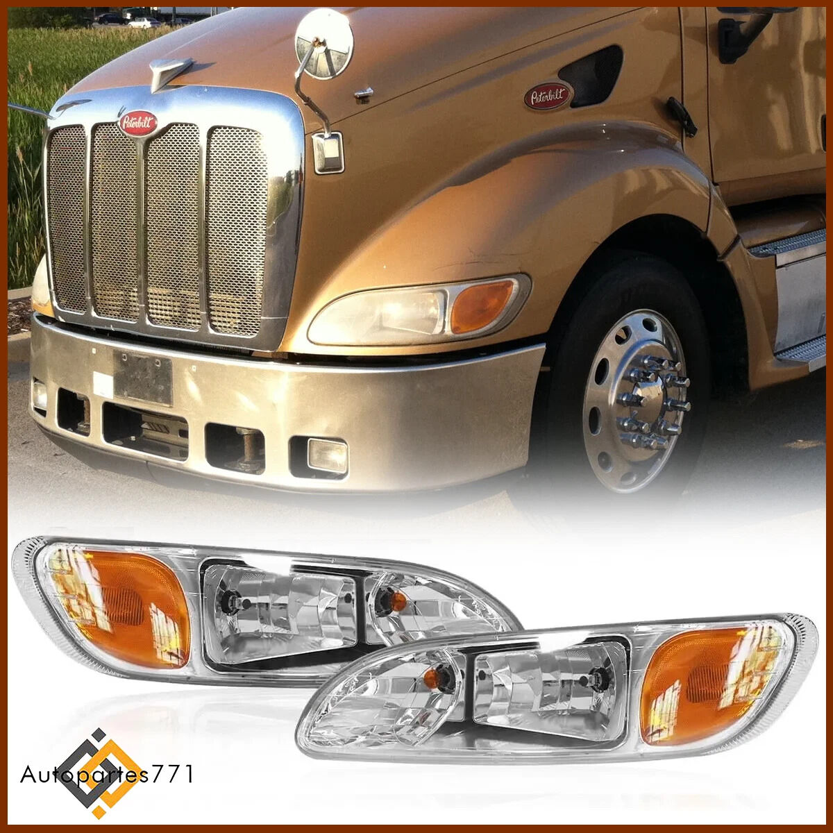 Pair Headlights for Peterbilt 387 325 330 335 337 340 Headlamp w/ Bulbs Chrome