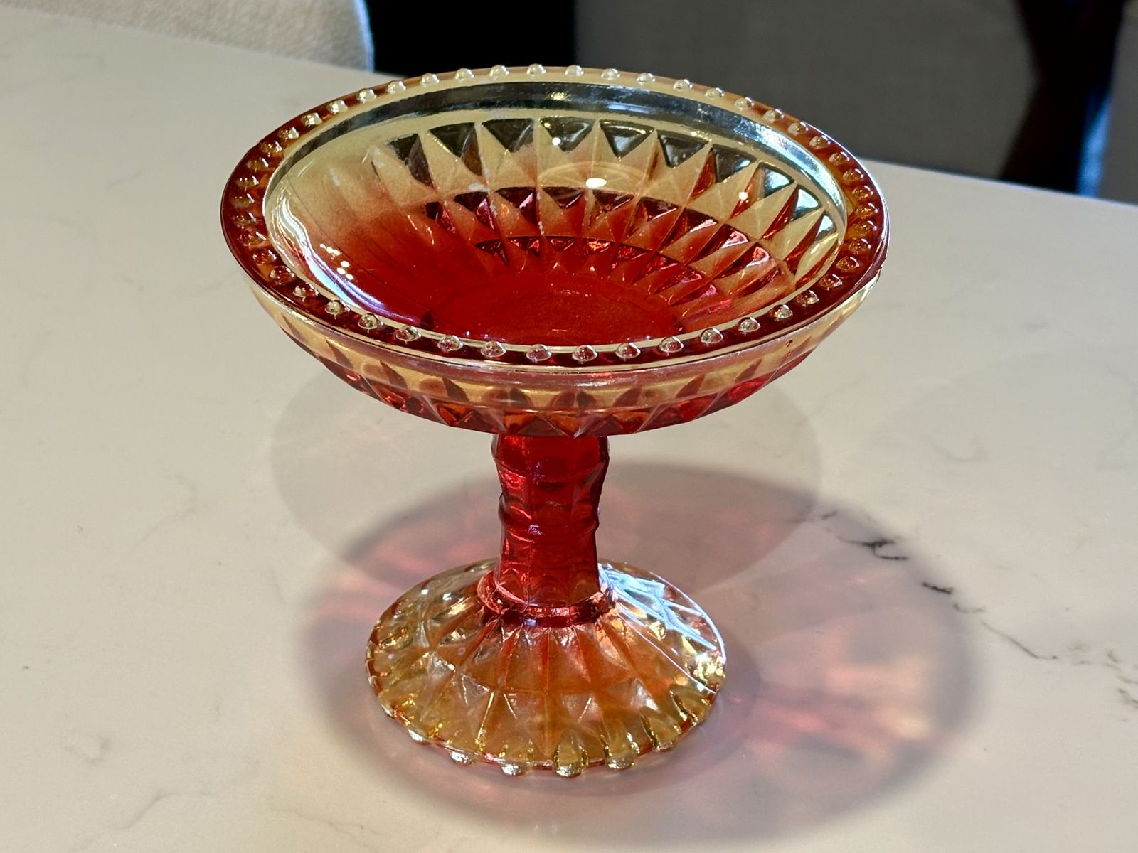 Vintage 1960’s Jeannette Glass Amberina footed compote #1324 Windsor pattern mid century