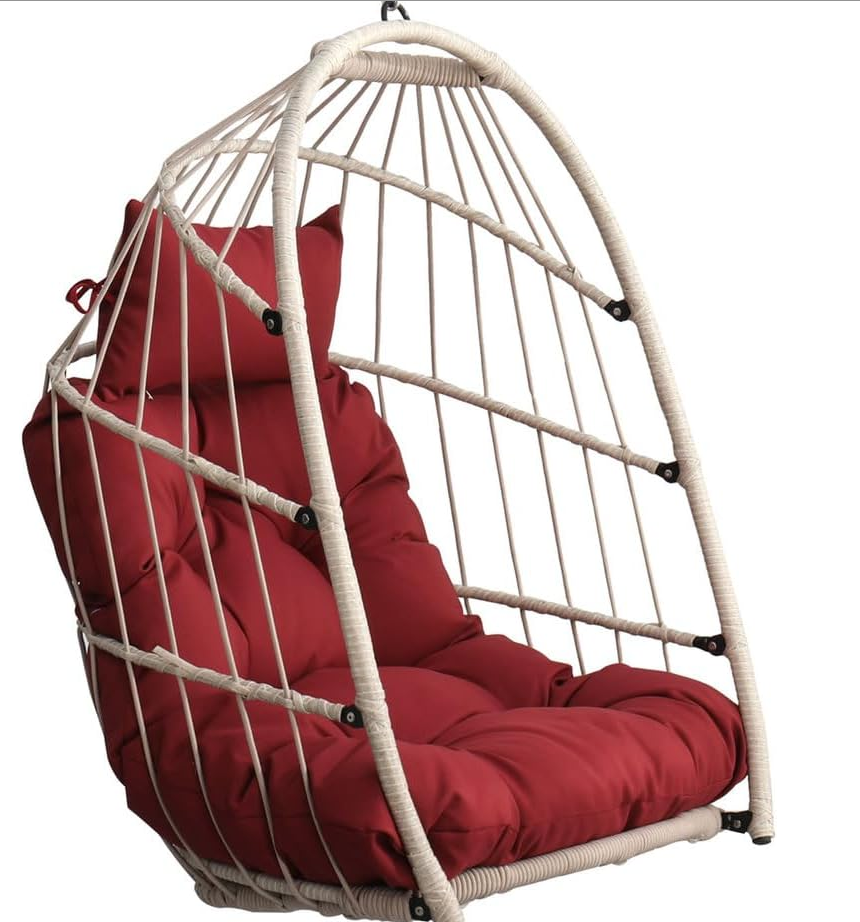 Hanging Egg Chair Without Stand – Foldable Rattan Wicker Swing Chair with Cushion & Headrest