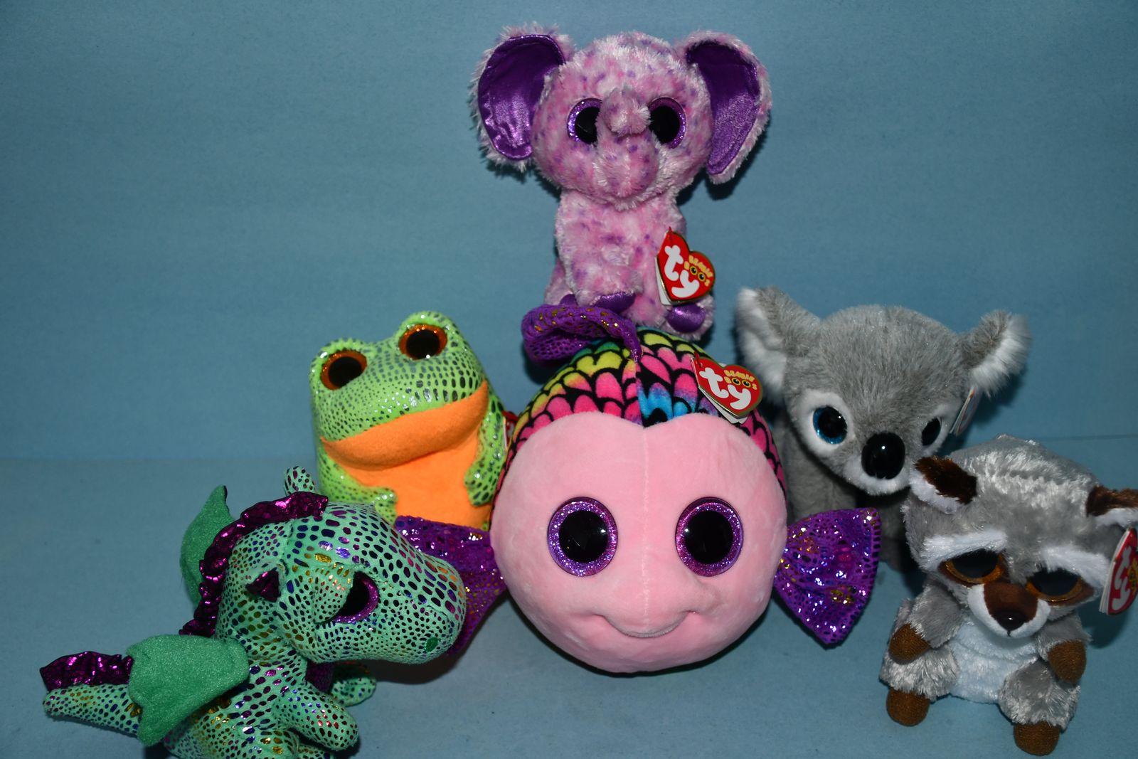 6 TY "BEANIE BOOS" ~ GLITTERY EYES ~ DINOSAUR, FROG, RACCOON, FISH, ELEPHANT, KOALA ~ CUTE & CLEAN!