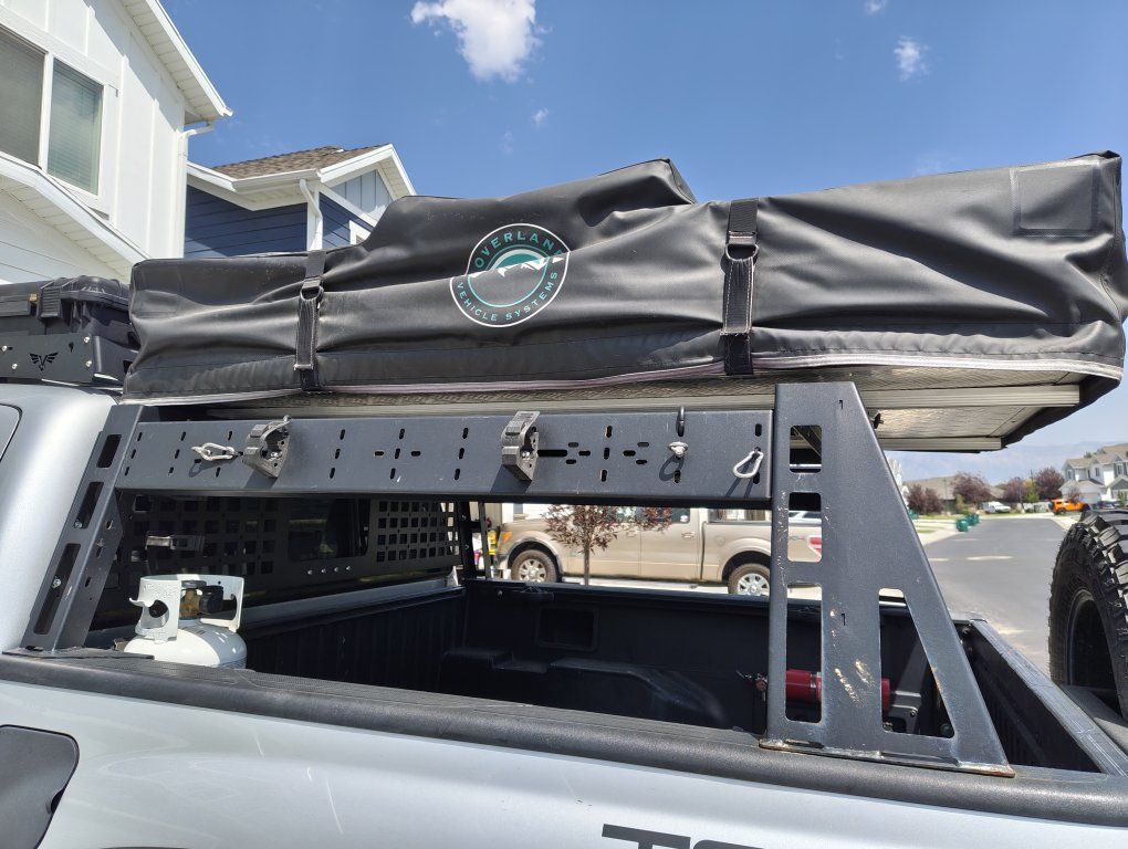 Overland Vehicle Systems Roof Top Tent with Victory 4x4 Truck Bed Rack and ARB awning 