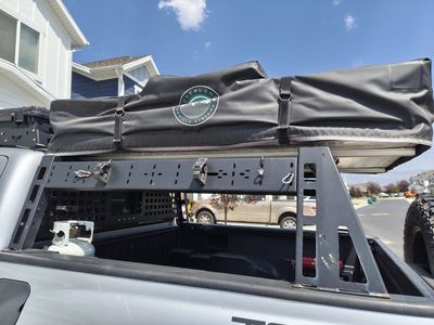 Overland Vehicle Systems Roof Top Tent with Victory 4x4 Truck Bed Rack and ARB awning