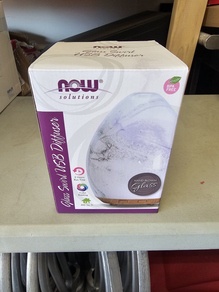 NOW Solutions Ultrasonic Glass Swirl USB Oil Diffuser - Purple/Charcoal Swirl Design, Rotating LED, BPA-Free