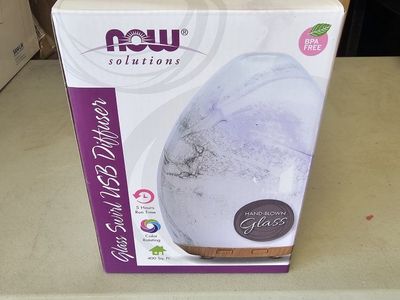 NOW Solutions Ultrasonic Glass Swirl USB Oil Diffuser - Purple/Charcoal Swirl Design, Rotating LED, BPA-Free