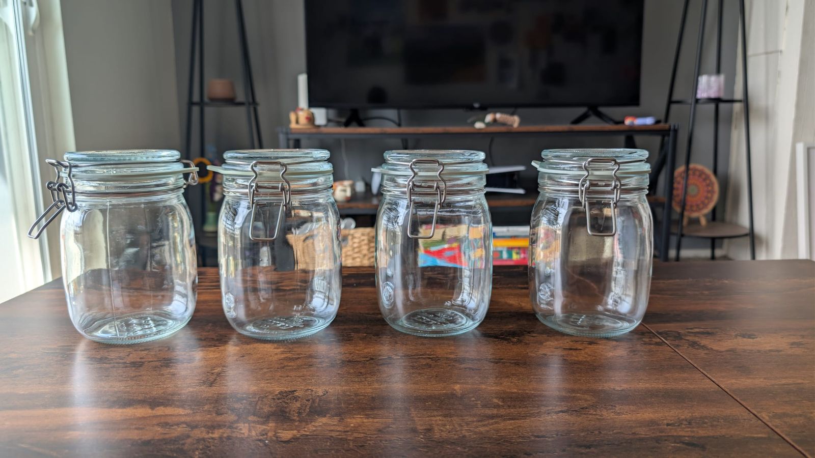 IKEA KORKEN: 4 Jars with lid, clear glass, 34 oz ($2.5 per jar)