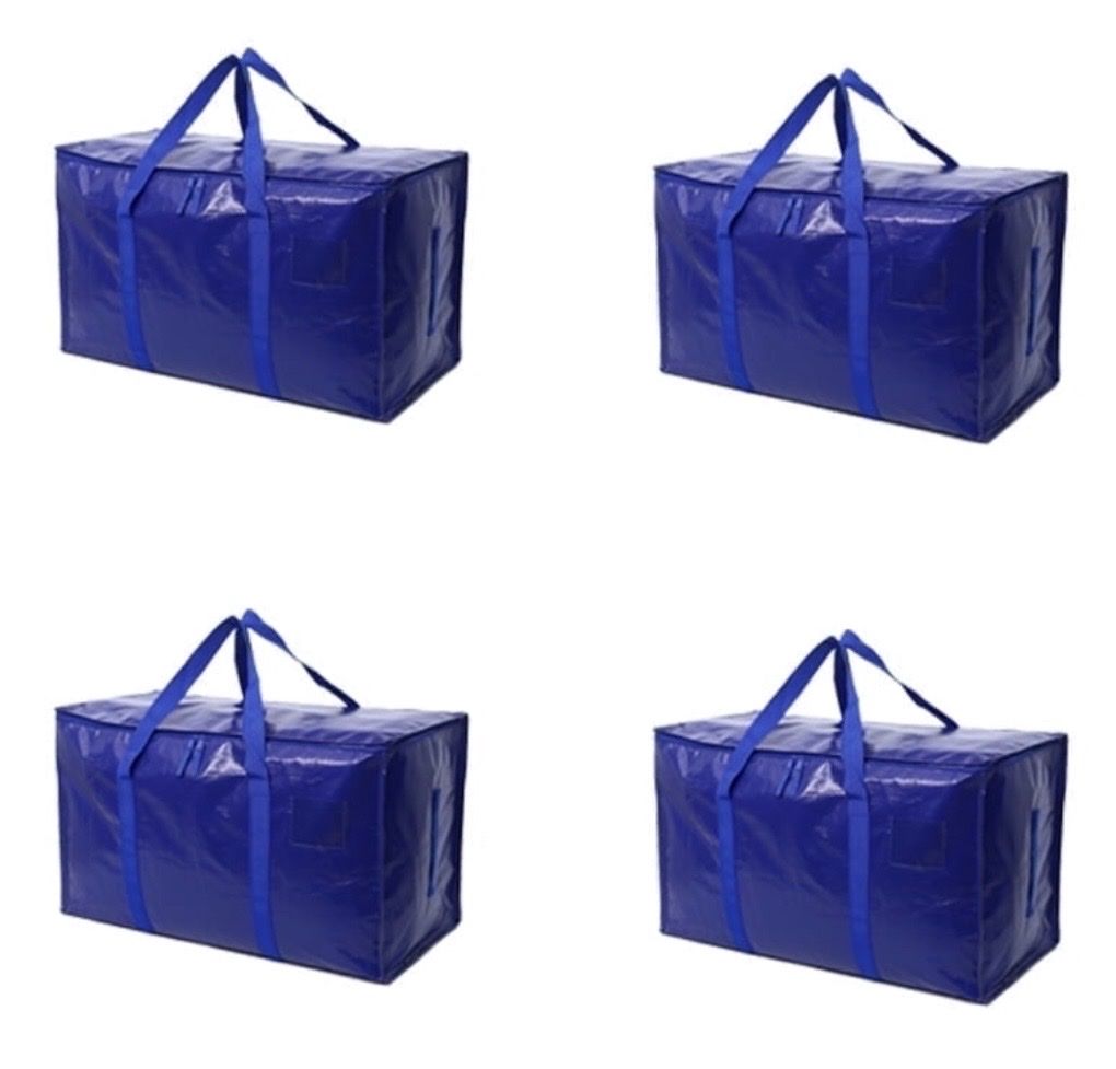 4-Pack Blue Large Moving Bags with Zippers, Handles & Tag Pocket - Water-Resistant Storage Totes + 6 drawstring shoe bags